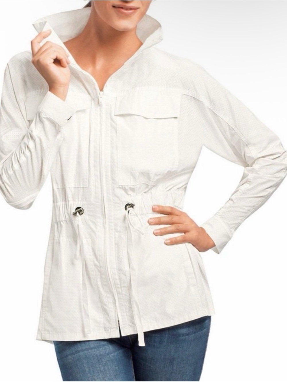Cabi White Fairway Perforated Utility Jacket Medium Lightweight Zip Up Casual